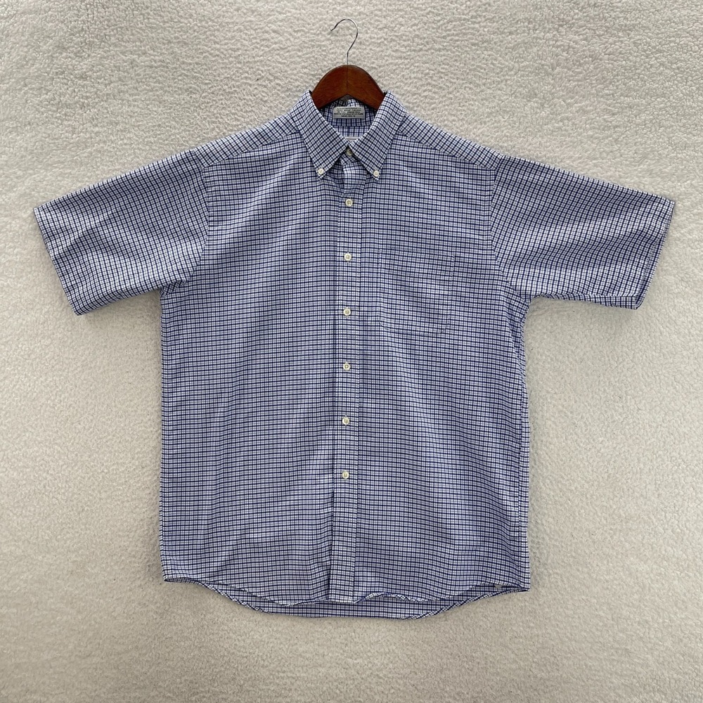 Vintage LL Bean Shirt Mens 16 Blue White Oxford OCBD Plaid Outdoor Casual Preppy